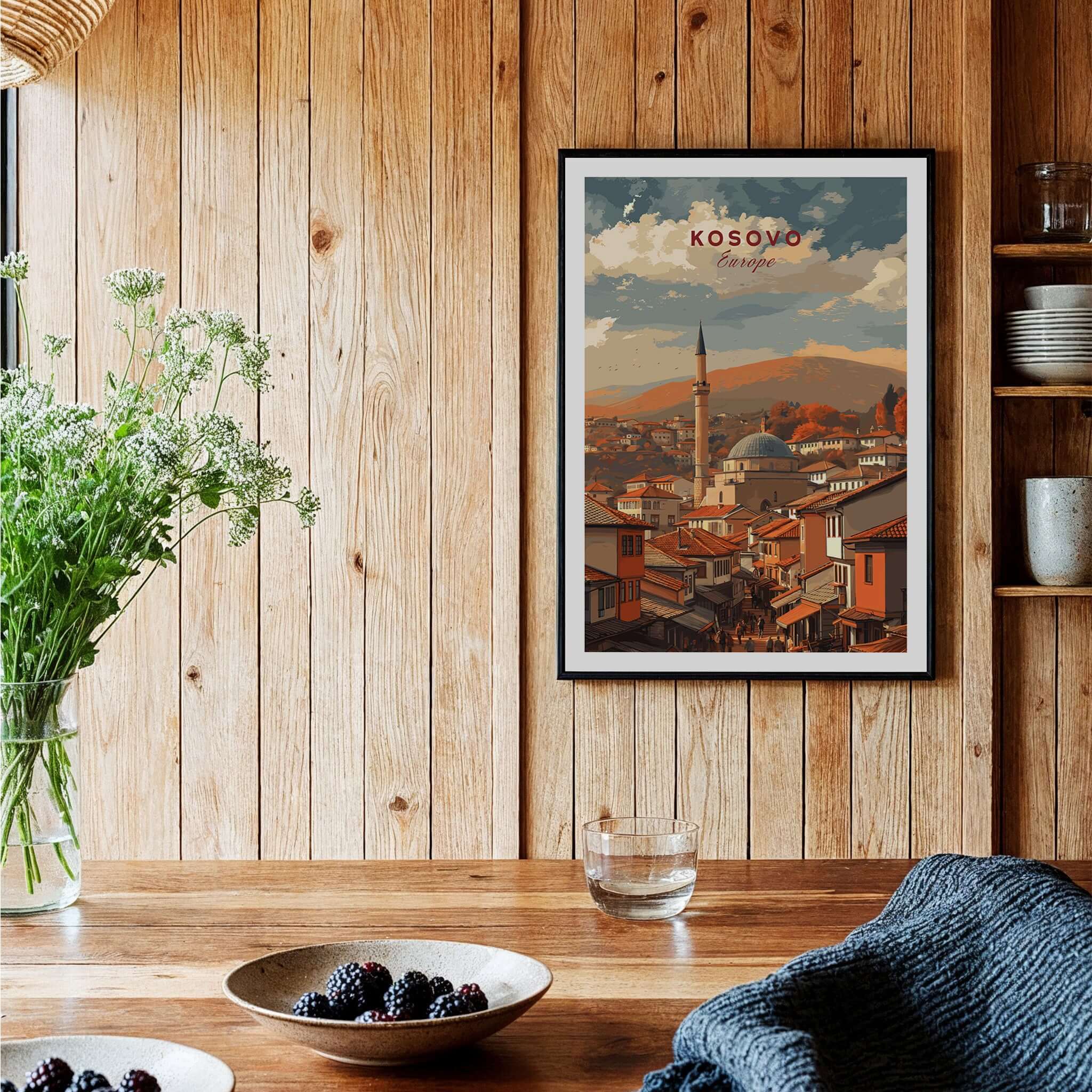 Kosovo Balkan City Rooftops Canvas Print | European Travel Wall Decor displayed in a cozy interior setting.