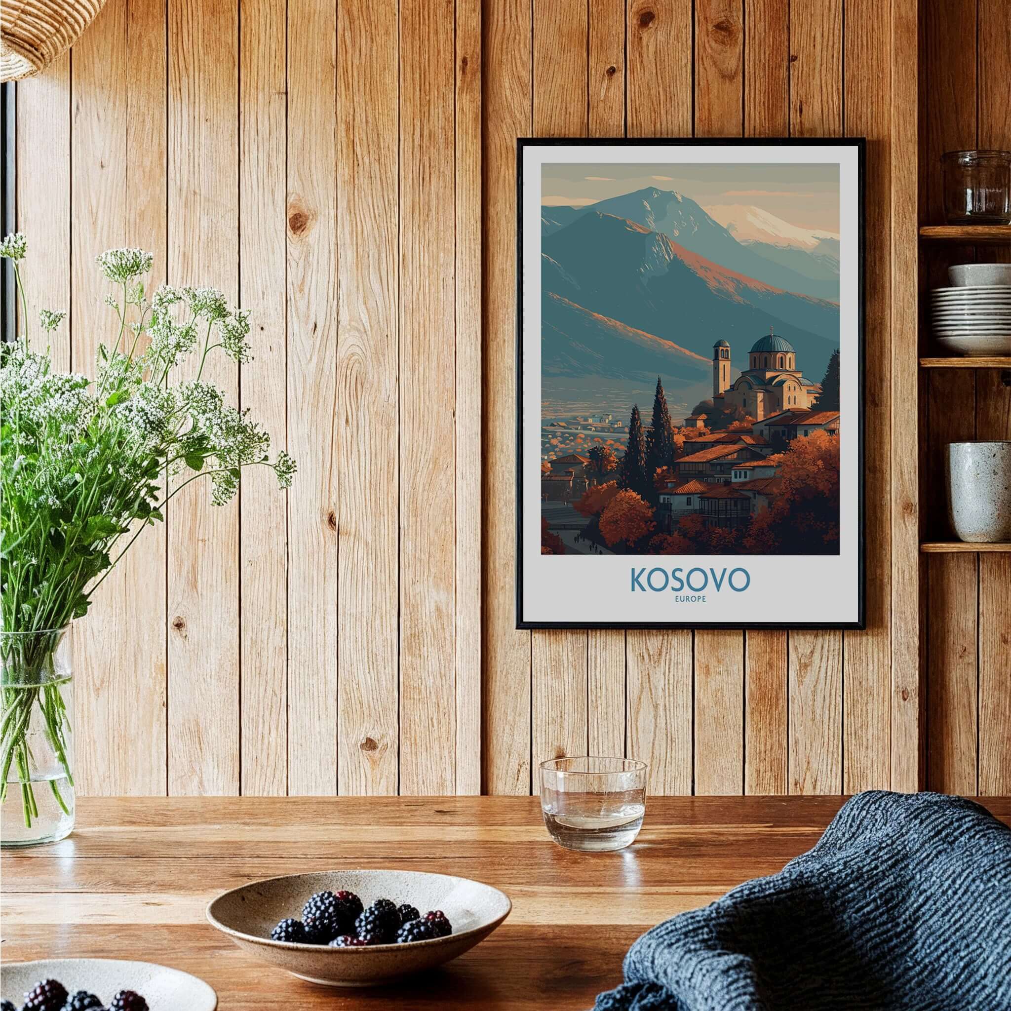 Kosovo Monastery and Mountains Art Print | Autumn Balkan Landscape Poster featuring a serene mountain view and historic monastery.