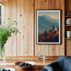 Kosovo Historic Church Hill View Canvas Print | European Wall Decor displayed in a cozy interior with wooden accents.