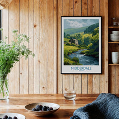 Nidderdale England Riverside Cottage Art Print | Yorkshire Valley Poster displayed in a cozy wooden interior.