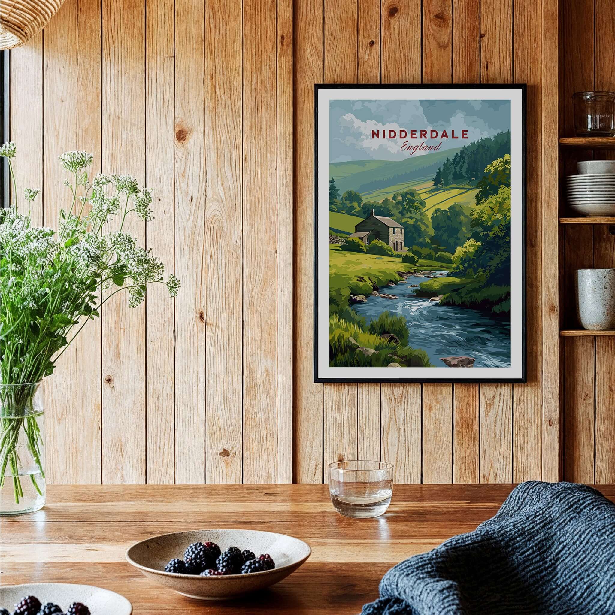 Nidderdale Stone Farmhouse and Stream Canvas Print | English Country Wall Decor showcasing a tranquil Yorkshire landscape.