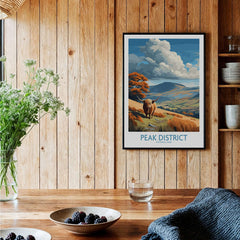 Peak District National Park Highland Cattle Art Print | Rolling Hills Poster displayed in a cozy home setting.