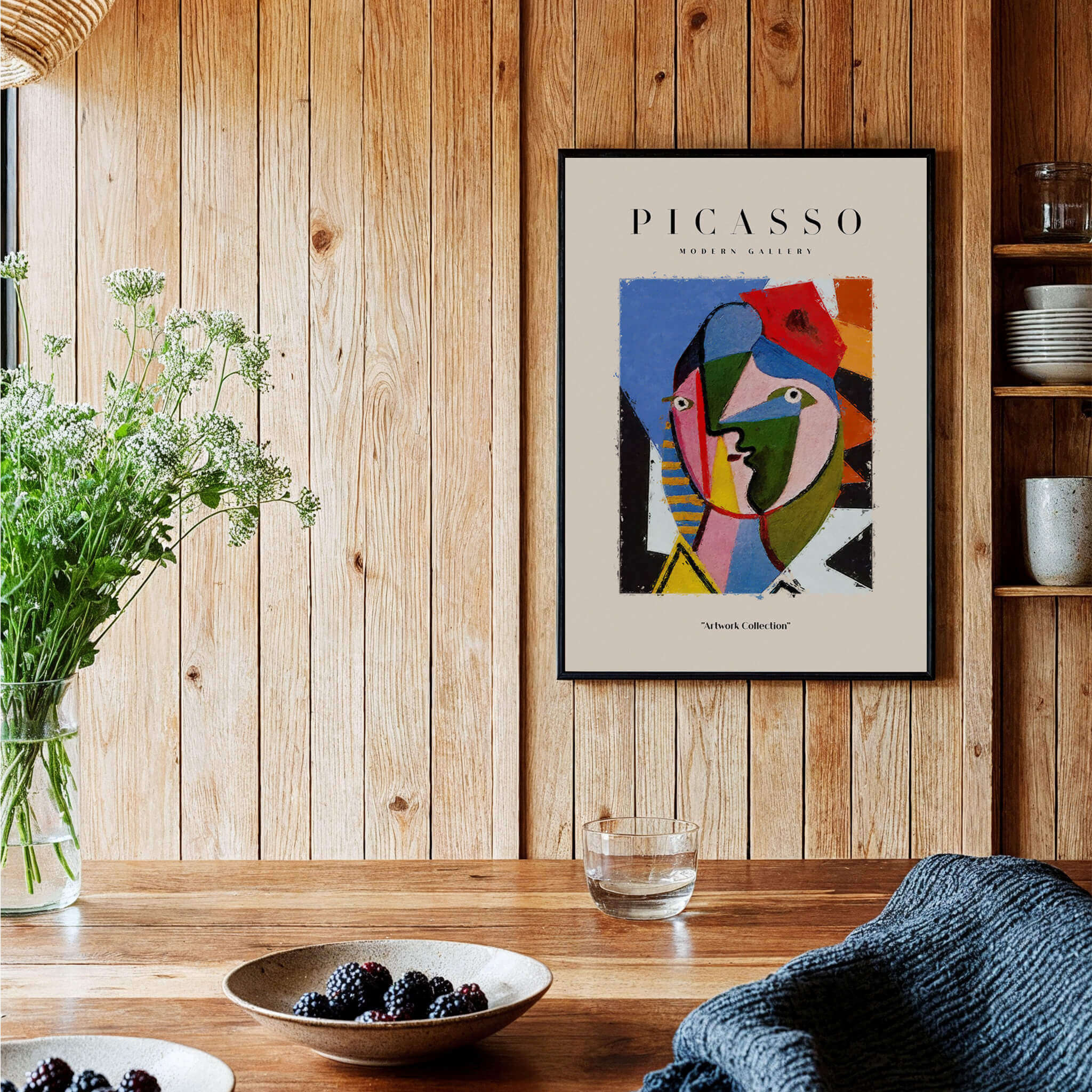 Picasso Geometric Face Abstract Art Print Colorful Cubist Portrait Poster Artwork Collection displayed in a modern interior.