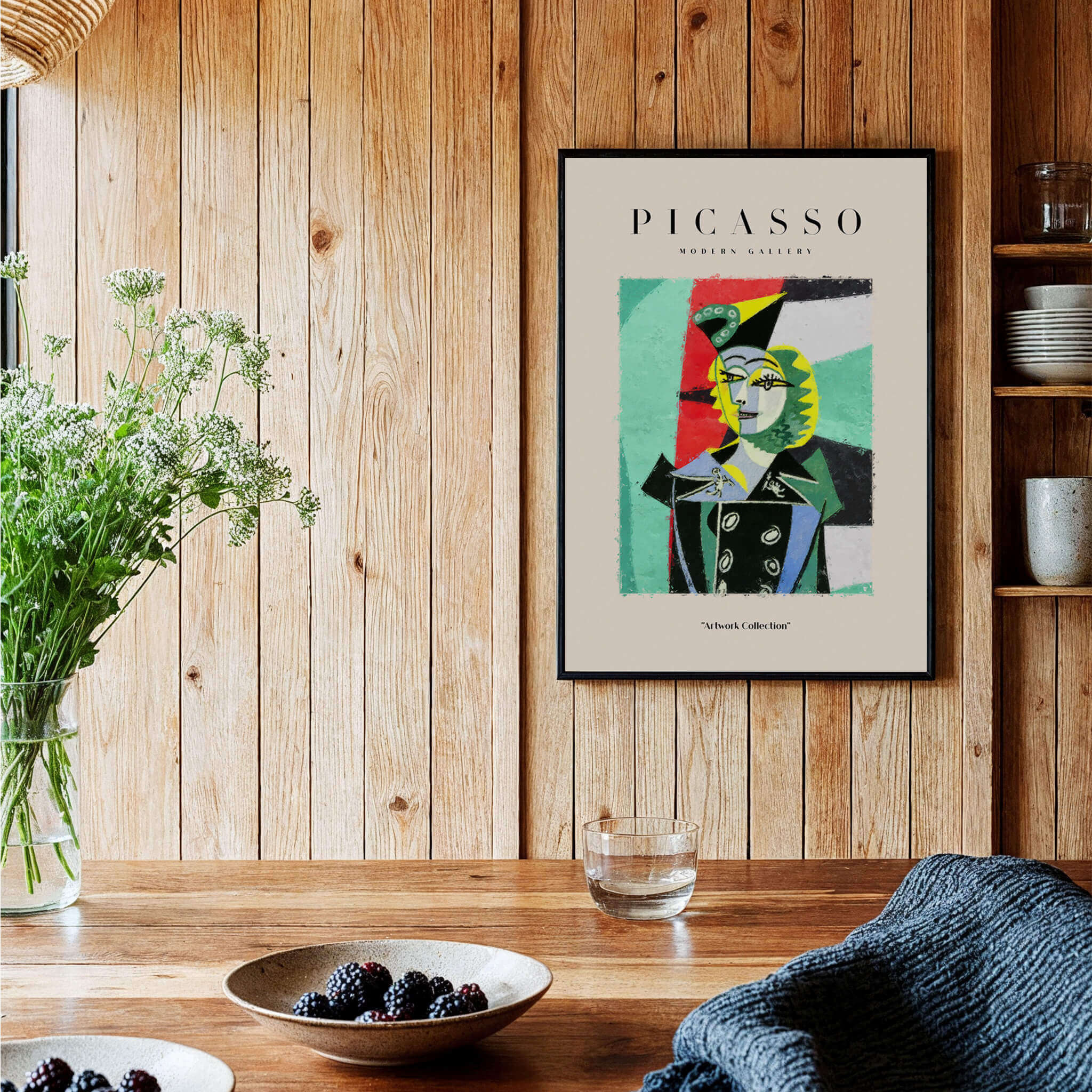 Picasso Woman Black Jacket Abstract Portrait Poster Cubist Style Artwork Print Collection on wooden wall above table with decor.