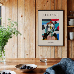 Picasso Woman Beret Abstract Portrait Art Print Colorful Cubist Poster Artwork Collection displayed in a modern setting.