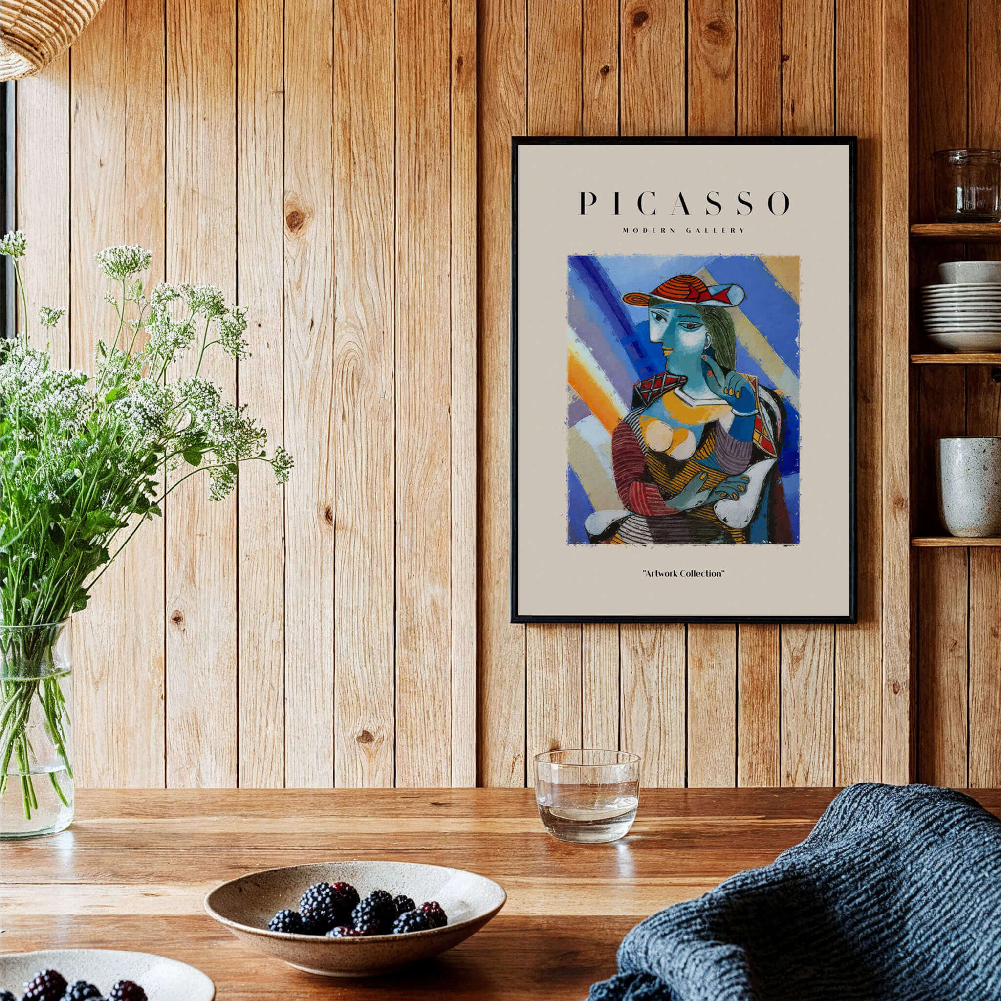 Picasso Woman Red Hat Blue Face Portrait Print Colorful Cubist Poster Artwork Collection displayed in a rustic interior.