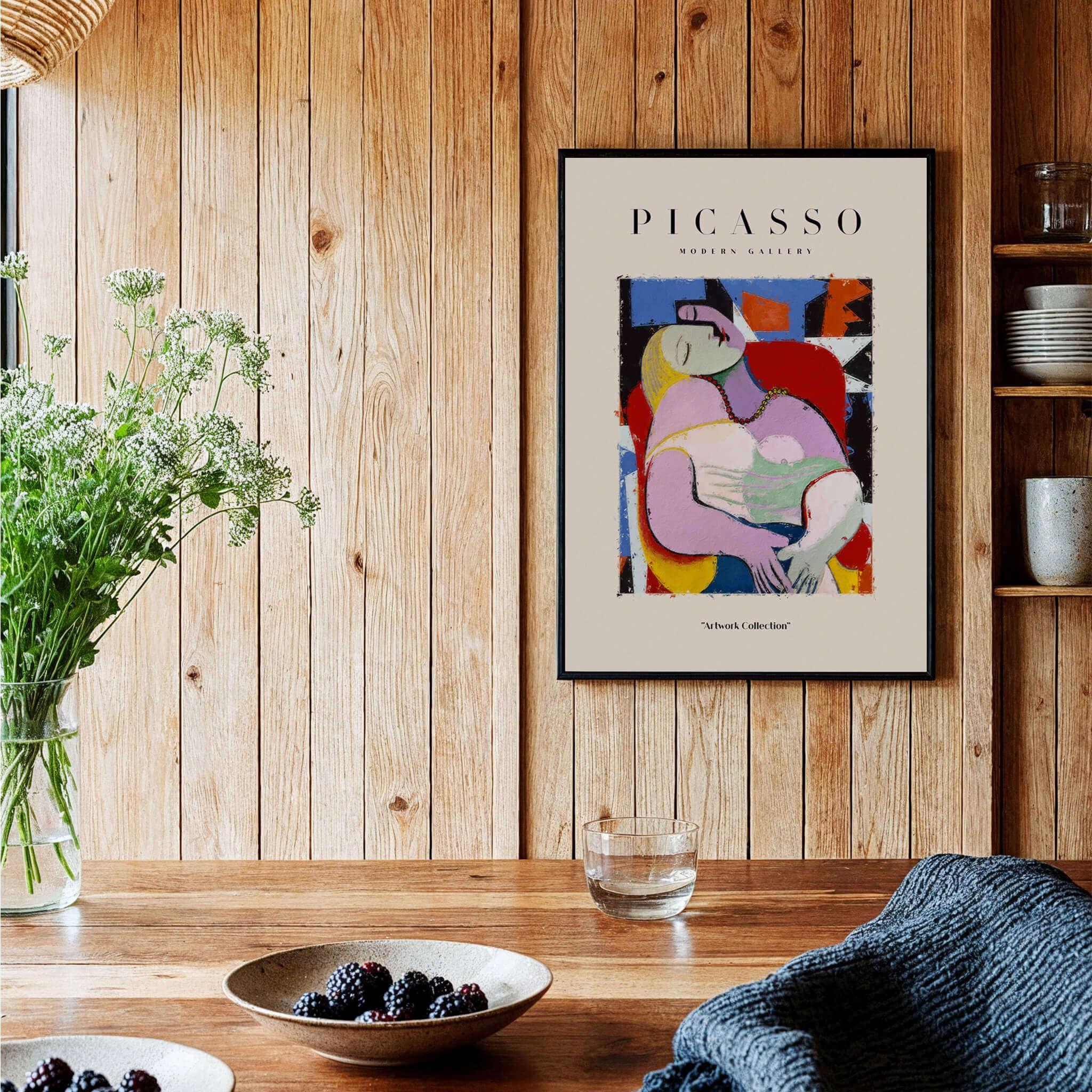 Picasso Le Rêve Inspired Reclining Woman Art Print Cubist Poster Artwork Collection displayed in a cozy interior.