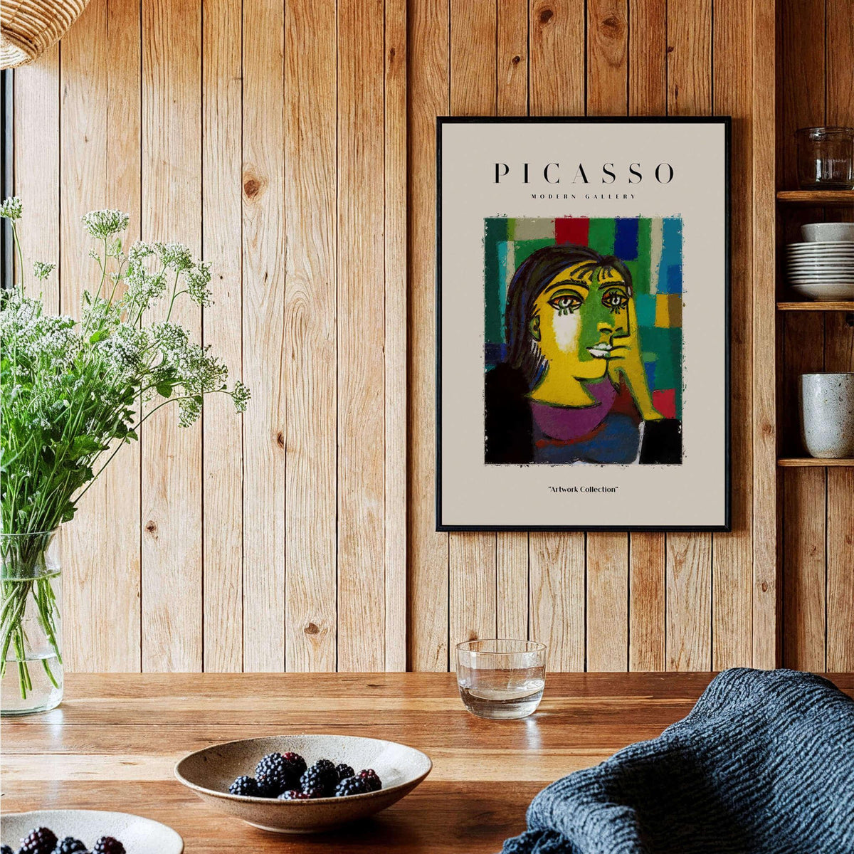 Picasso Contemplative Woman Abstract Art Print Colorful Portrait Poster Artwork Collection displayed in a wooden interior.