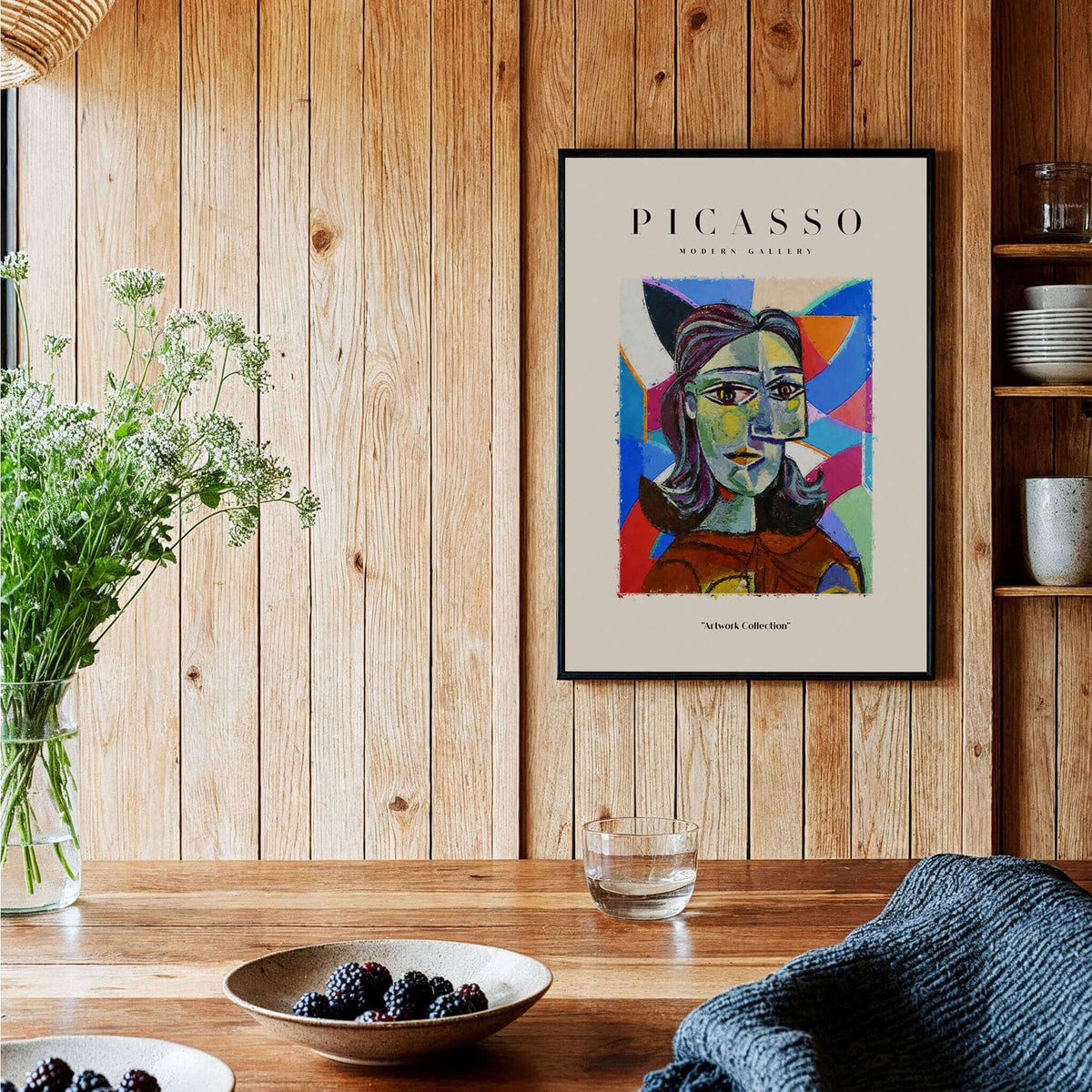Picasso Woman Portrait Fragmented Abstract Poster Colorful Artwork Print Modern Gallery displayed in a cozy wooden interior.