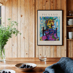 Picasso Dora Maar Armchair 1939 Portrait Print Cubist Seated Woman Poster Art displayed in a modern interior setting.