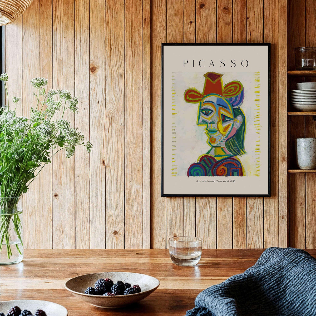 Picasso Bust Woman Dora Maar 1938 Portrait Art Print Colorful Cubist Poster Wall Art displayed in a modern home setting.