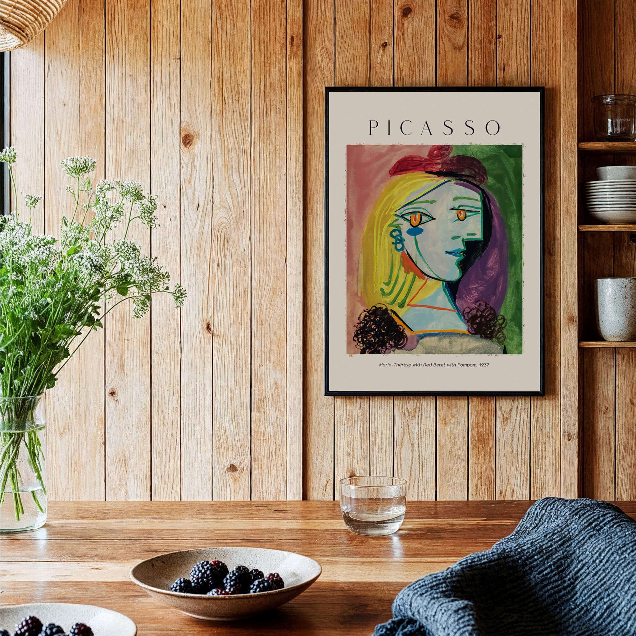 Picasso Marie Thérèse Red Beret Pompom 1937 Portrait Art Print Cubist Poster Colorful hanging on wooden wall.