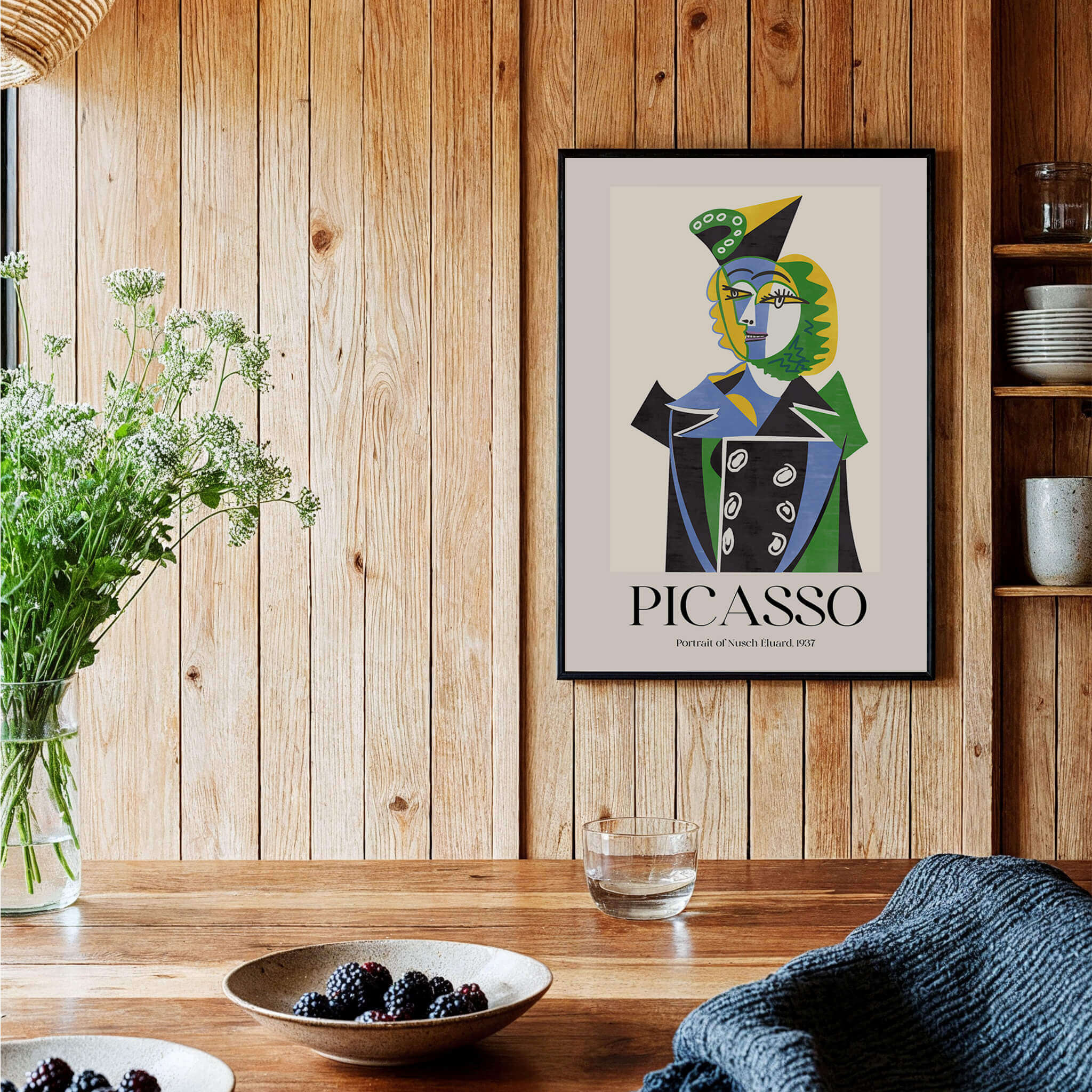 Picasso Portrait Nusch Eluard 1937 Colorful Cubist Art Print Modern Poster Wall Art displayed in a wooden interior.