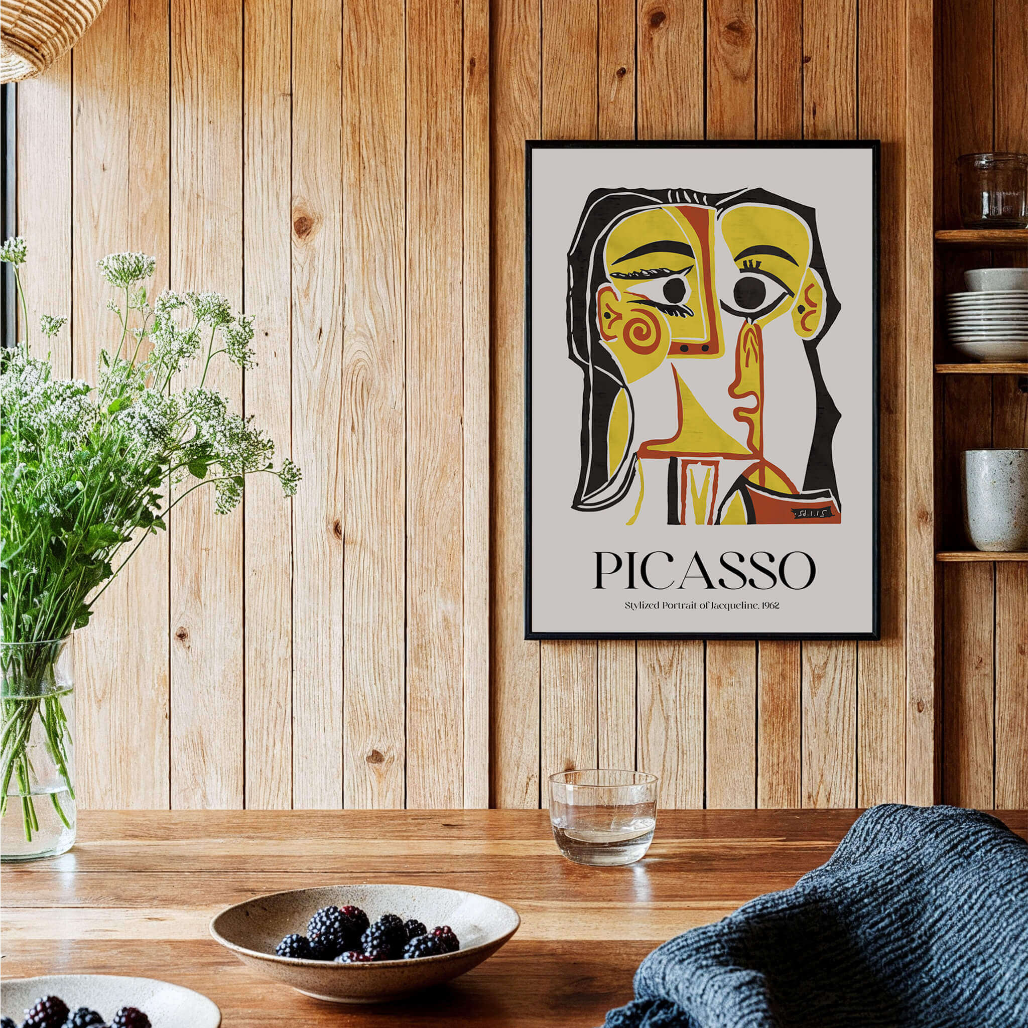 Picasso Stylized Portrait Jacqueline 1962 Abstract Art Print Yellow Red Poster displayed on a wooden wall.