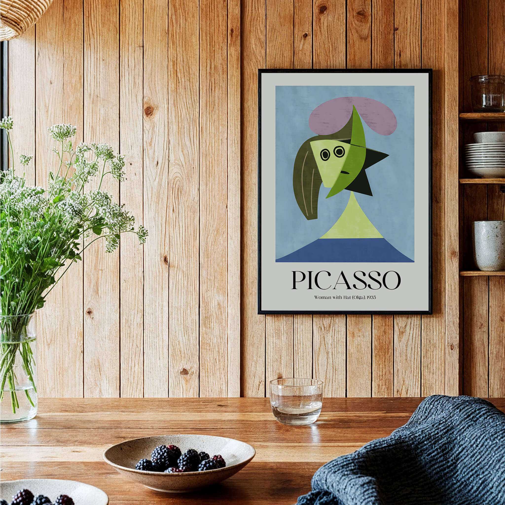 Picasso Woman Hat Olga 1935 Abstract Portrait Art Print Simple Shapes Poster Decor displayed in a modern interior setting.