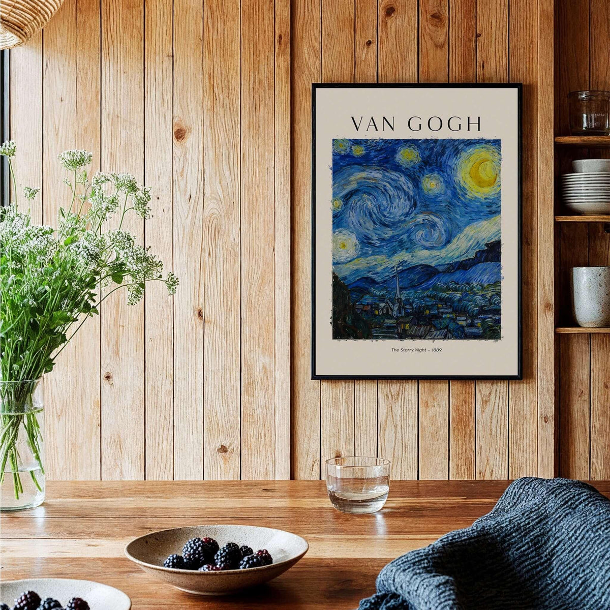 Starry Night Print:  Vincent van Gogh Poster displayed in a cozy interior with wooden accents and greenery.