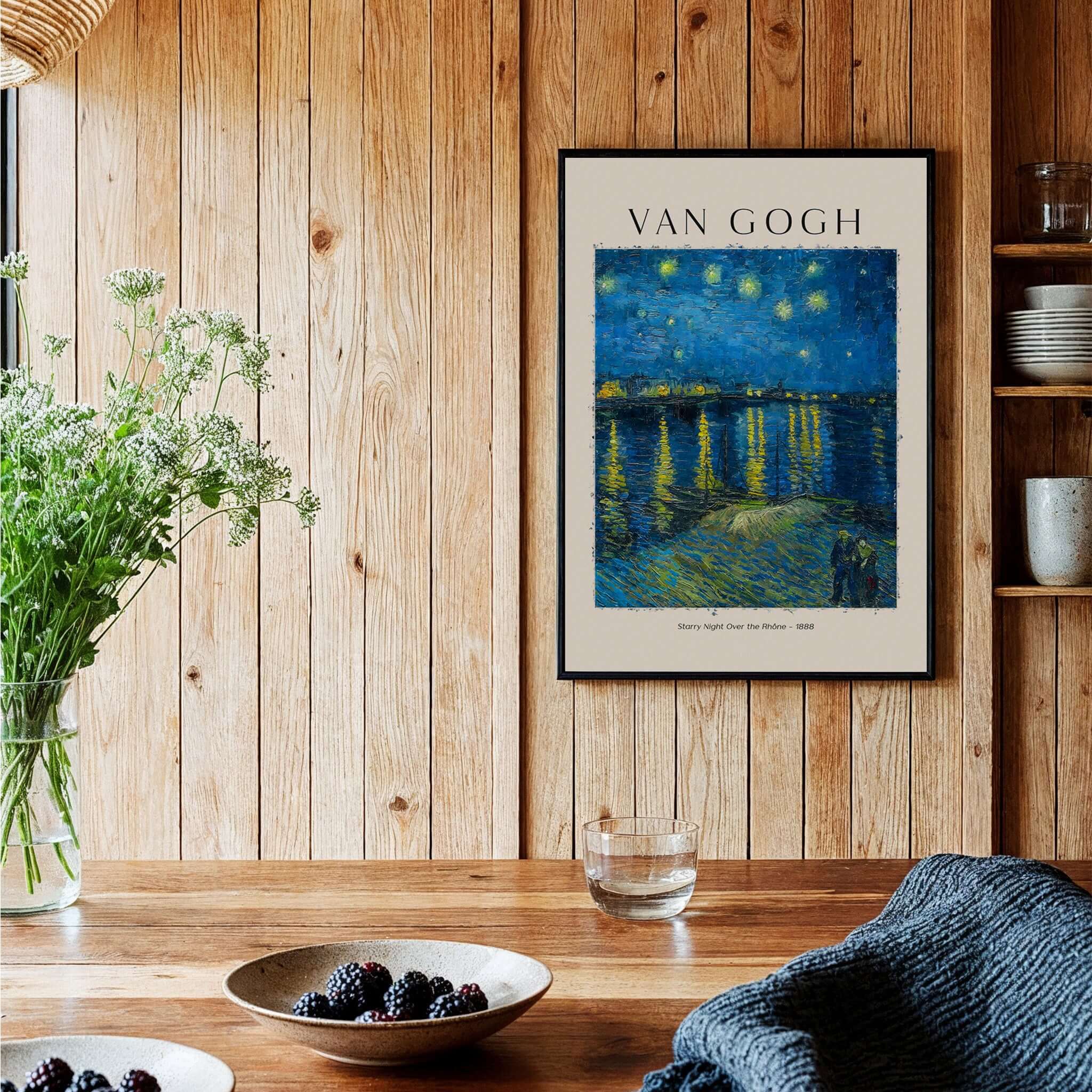Vincent van Gogh Starry Night Over the Rhône 1888 Post Impressionist Landscape Poster Print displayed in a cozy setting.