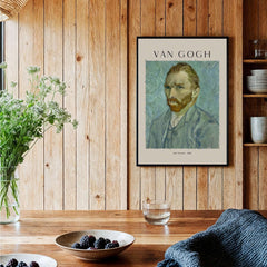 Vincent van Gogh Self Portrait 1889 Blue Post Impressionist Art Print Poster Wall Art displayed in a cozy interior.