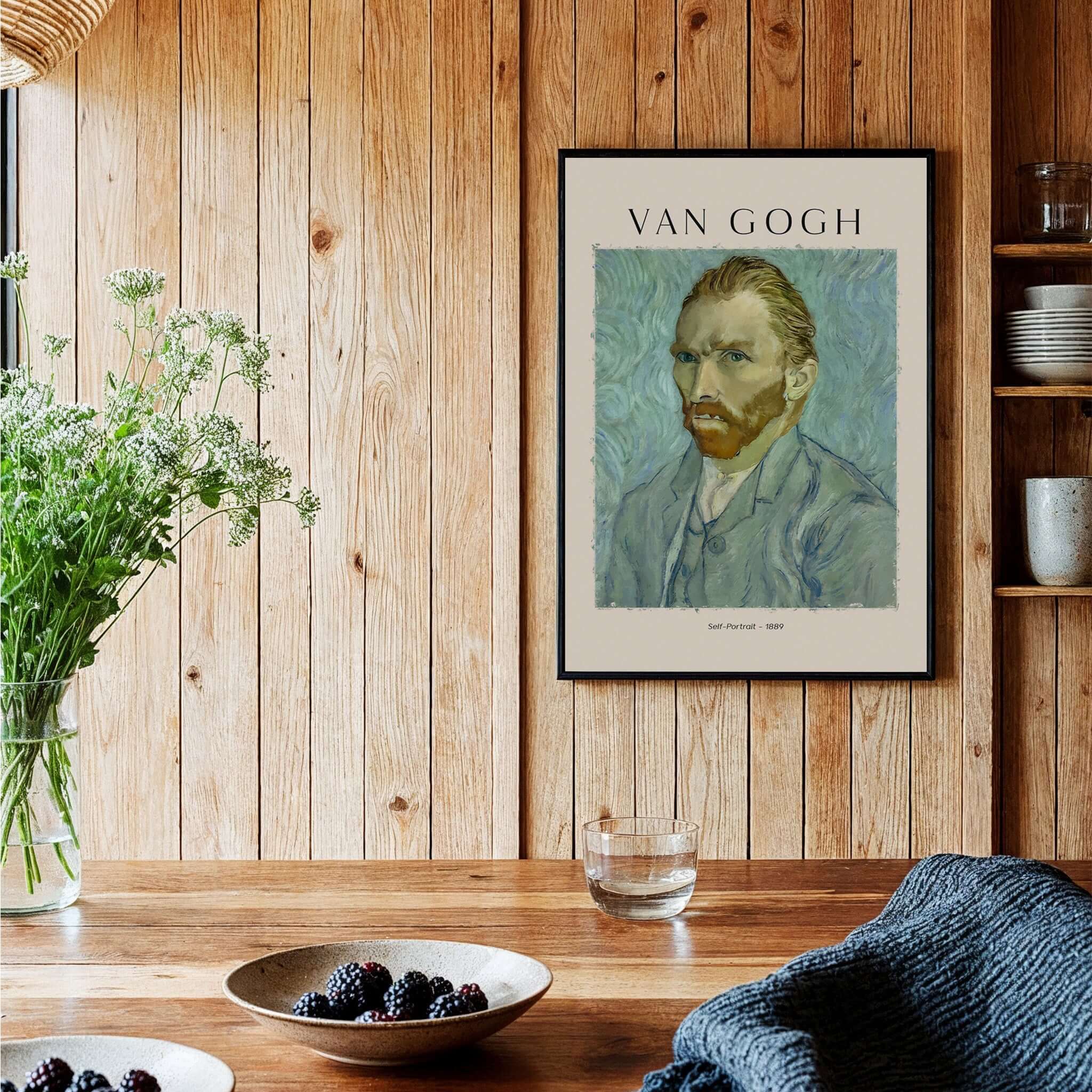 Vincent van Gogh Self Portrait 1889 Blue Post Impressionist Art Print Poster Wall Art displayed in a cozy interior.