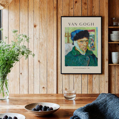 Vincent van Gogh Self Portrait Bandaged Ear 1889 Famous Art Print Poster Wall Decor displayed in a cozy interior.