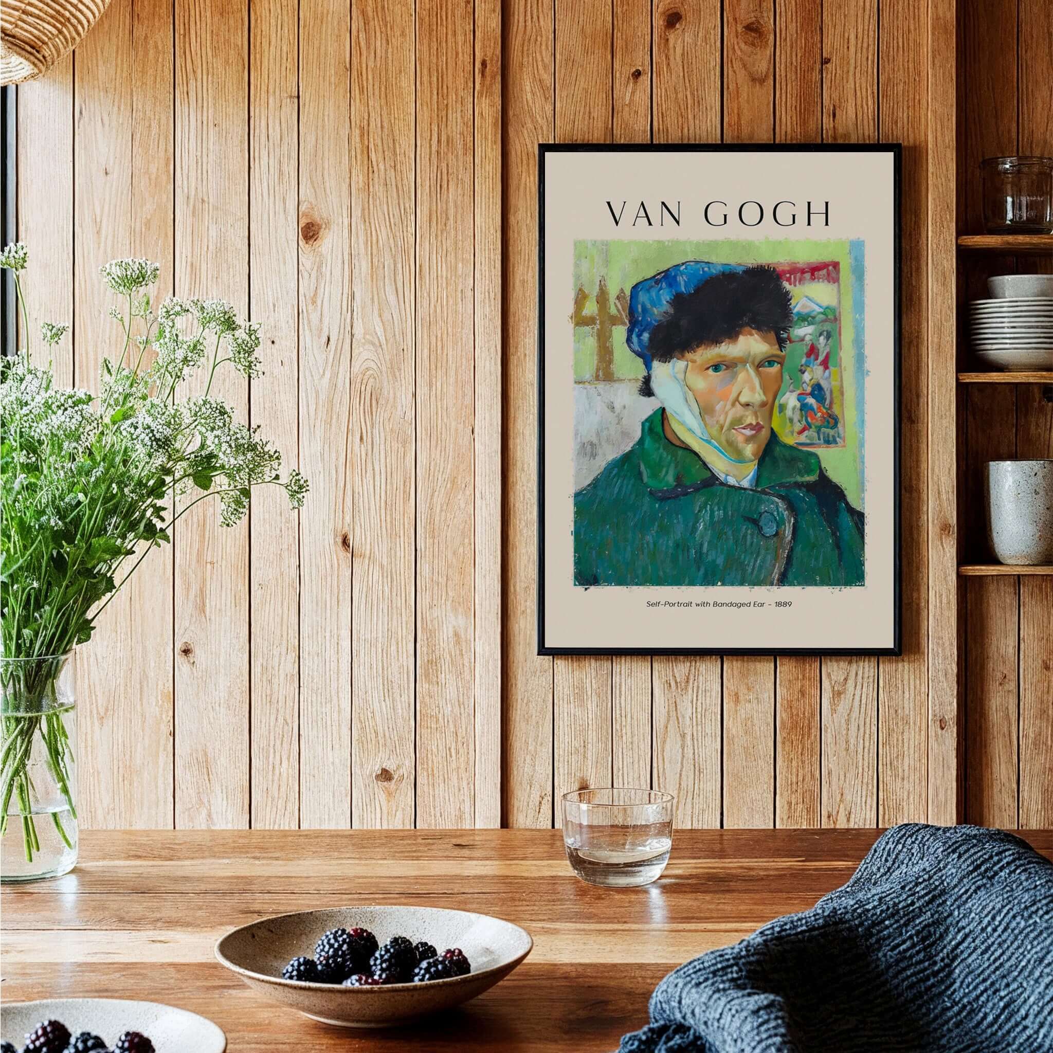 Vincent van Gogh Self Portrait Bandaged Ear 1889 Famous Art Print Poster Wall Decor displayed in a cozy interior.