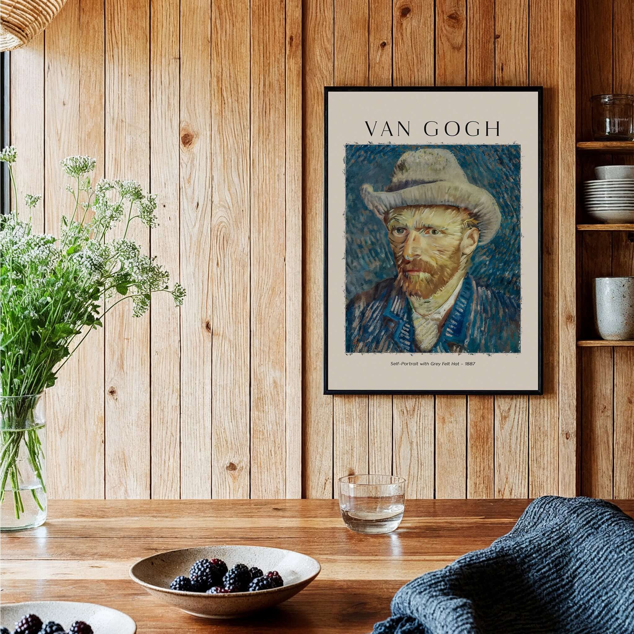 Vincent van Gogh Self Portrait Grey Felt Hat 1887 Art Print Post Impressionist Poster displayed in a cozy interior setting.