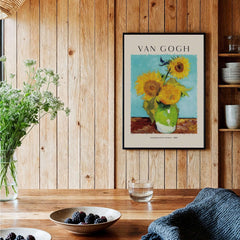 van Gogh Sunflowers Print - Sunflower Wall Art displayed in a cozy kitchen setting with wooden walls.