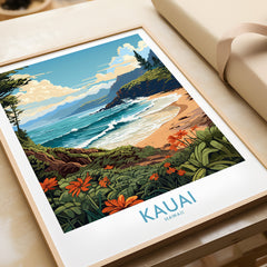 Kauai travel poster showcasing lush landscapes, beaches, and vibrant flora of Hawaii.