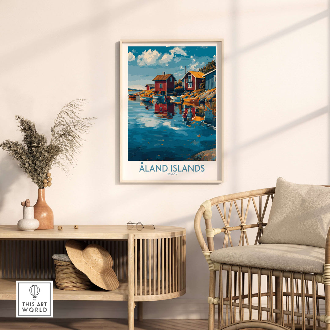 Åland Islands Finland Print | Nordic Coastal Village Poster displayed in a cozy living room setting.