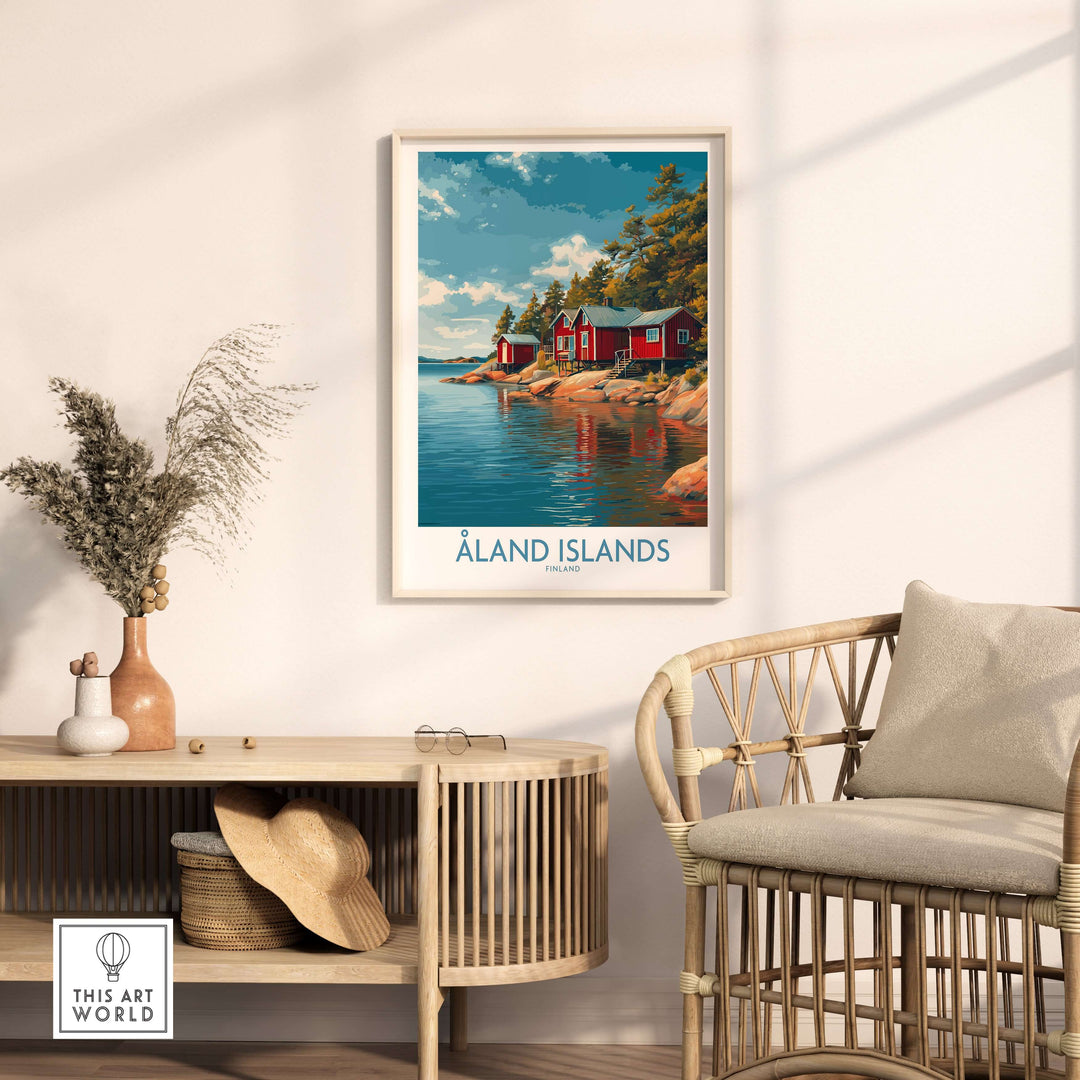 Åland Islands Lakeside Cabin Art Print | Finland Rustic Landscape Poster in a stylish interior setting.