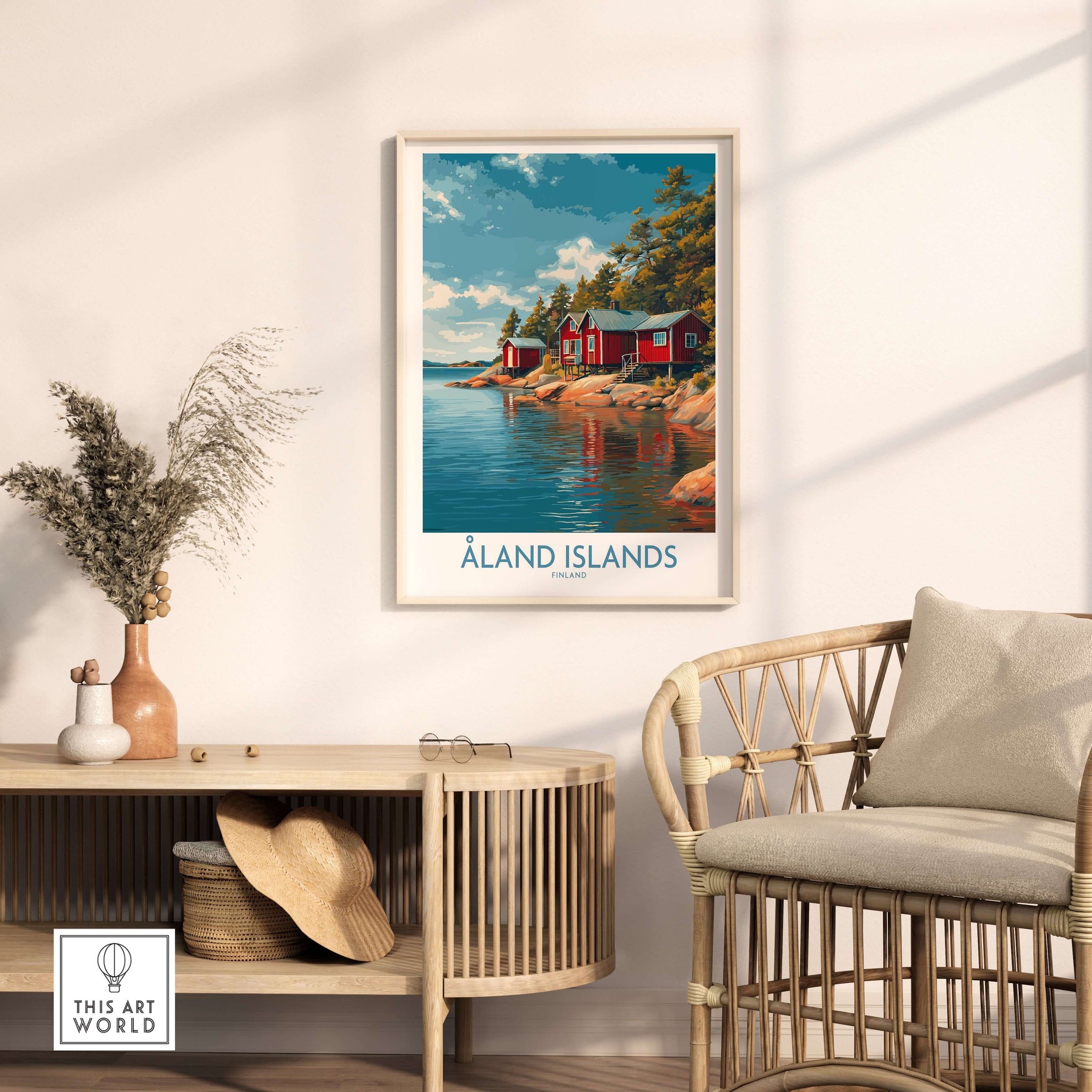Åland Islands Lakeside Cabin Art Print | Finland Rustic Landscape Poster displayed in a cozy interior setting.