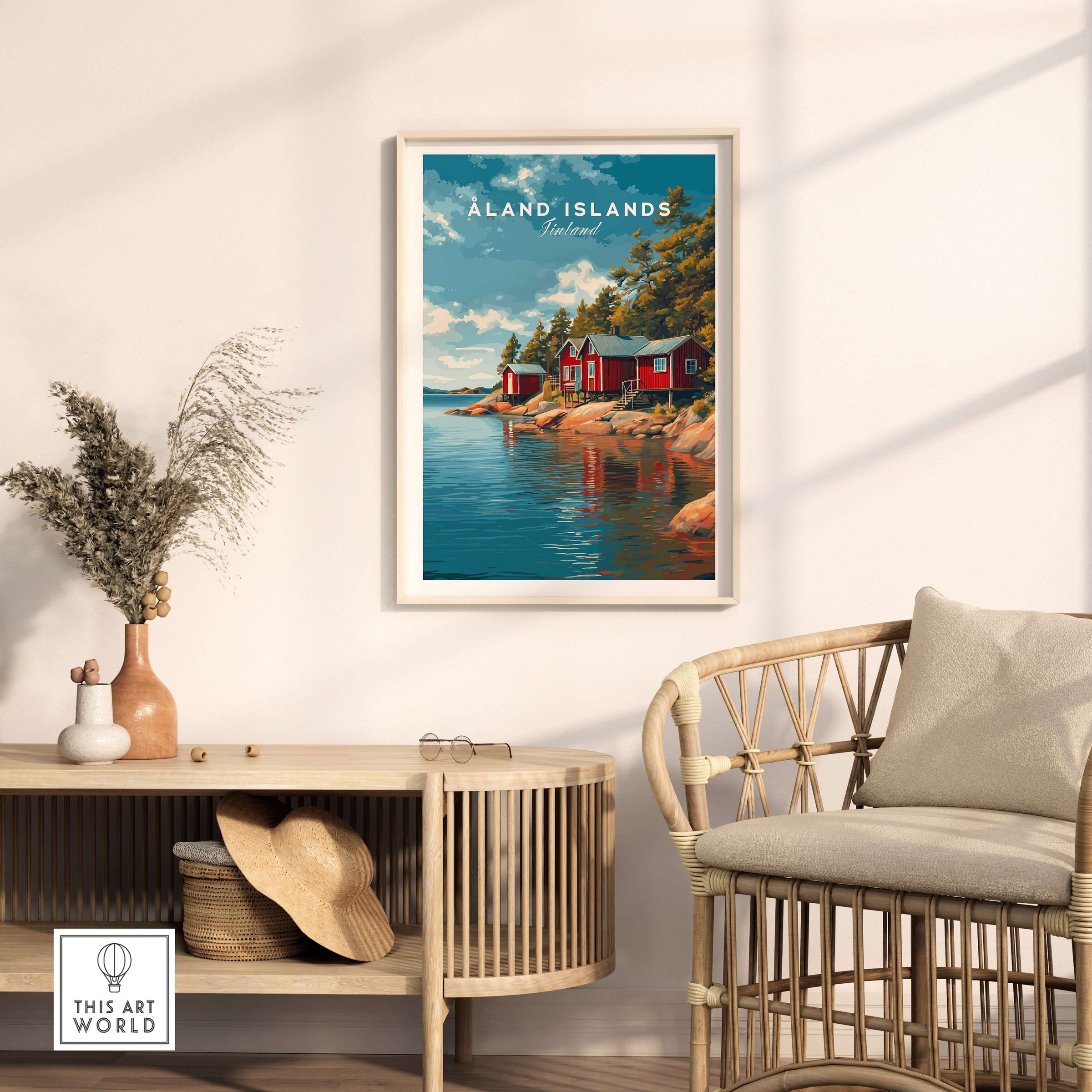 Åland Islands Picturesque Nordic Huts Print | Scandinavian Travel Wall Decor showcased in a cozy living room setting.