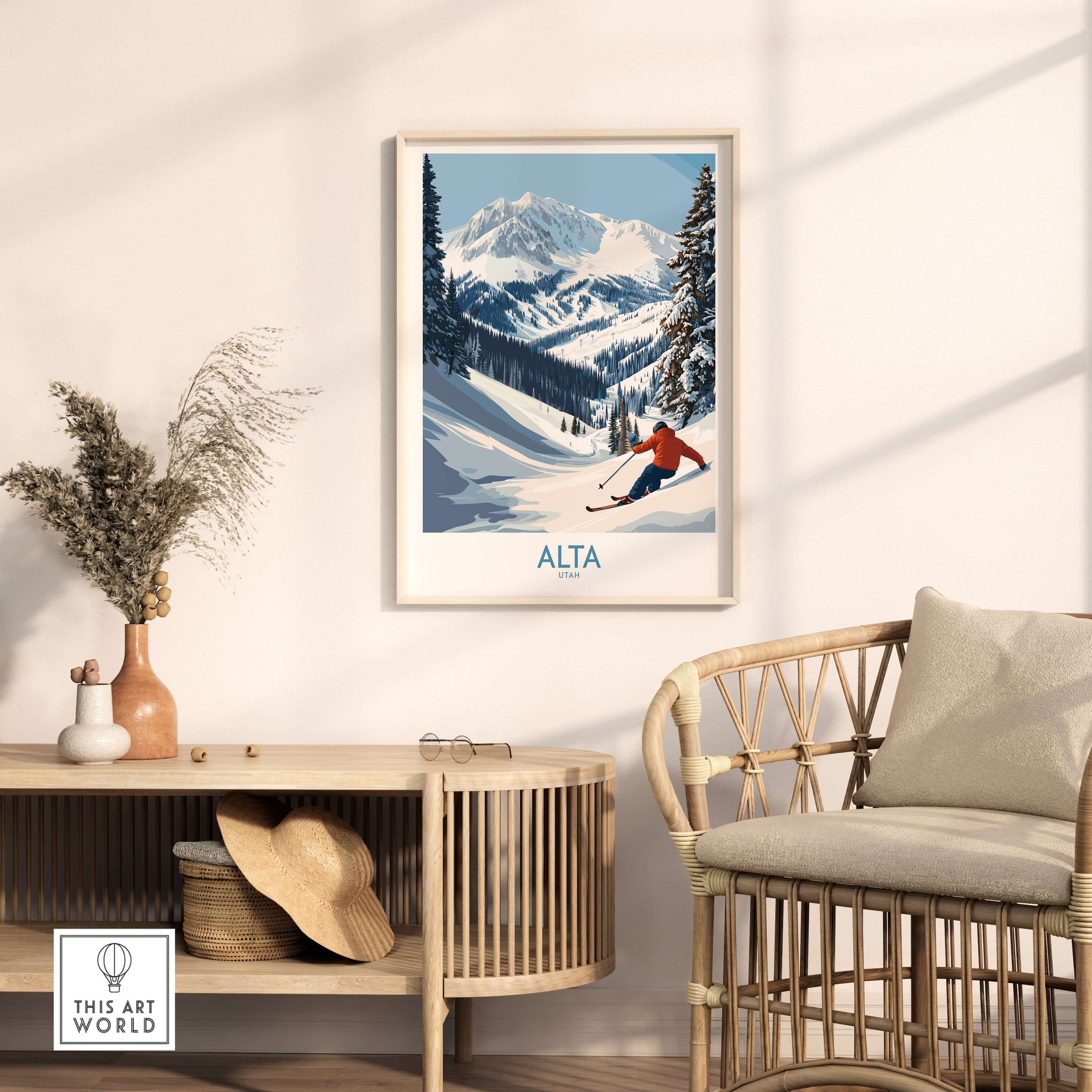 Alta Utah skiing adventure print featuring snowy slopes and majestic Wasatch Mountains in winter decor.