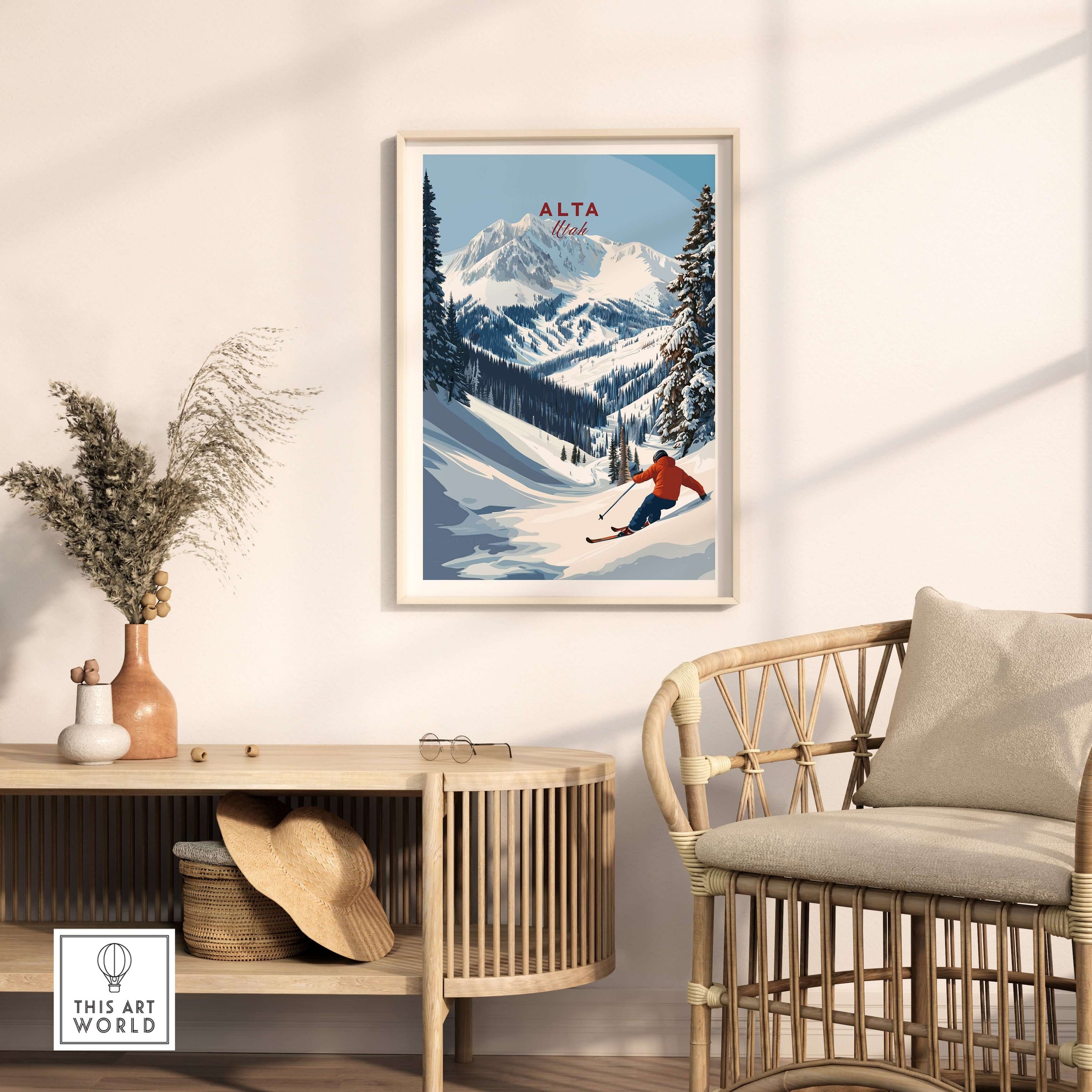 Alta Utah ski poster featuring a skier in mountain scenery, perfect wall art for winter sports enthusiasts.
