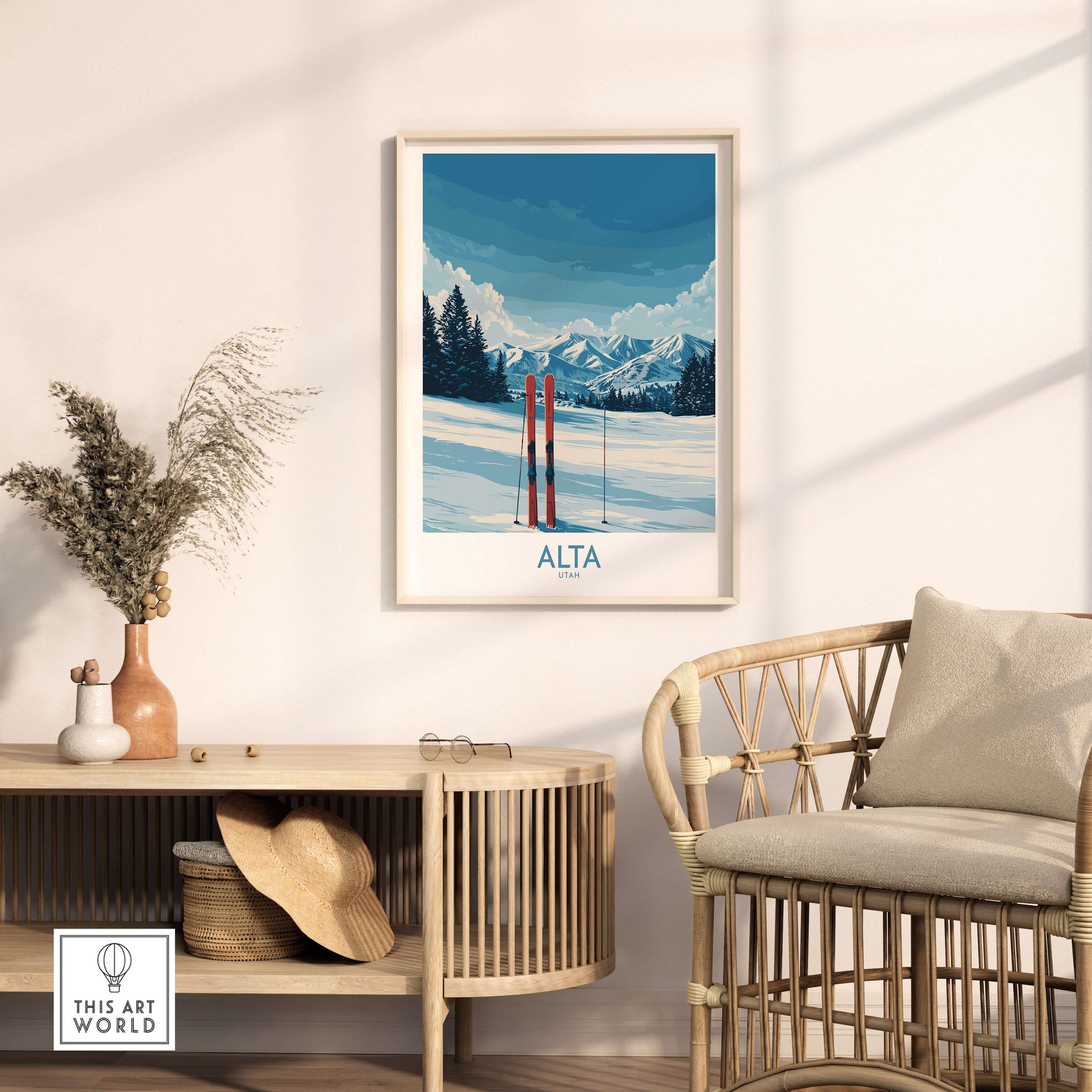 Alta Utah winter mountain landscape poster featuring skis and snowy mountains, perfect for skiing decor.