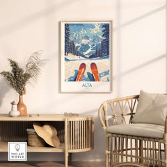 Alta Utah Ski Adventure Poster framed on wall, showcasing Wasatch Range and vibrant winter landscape decor.