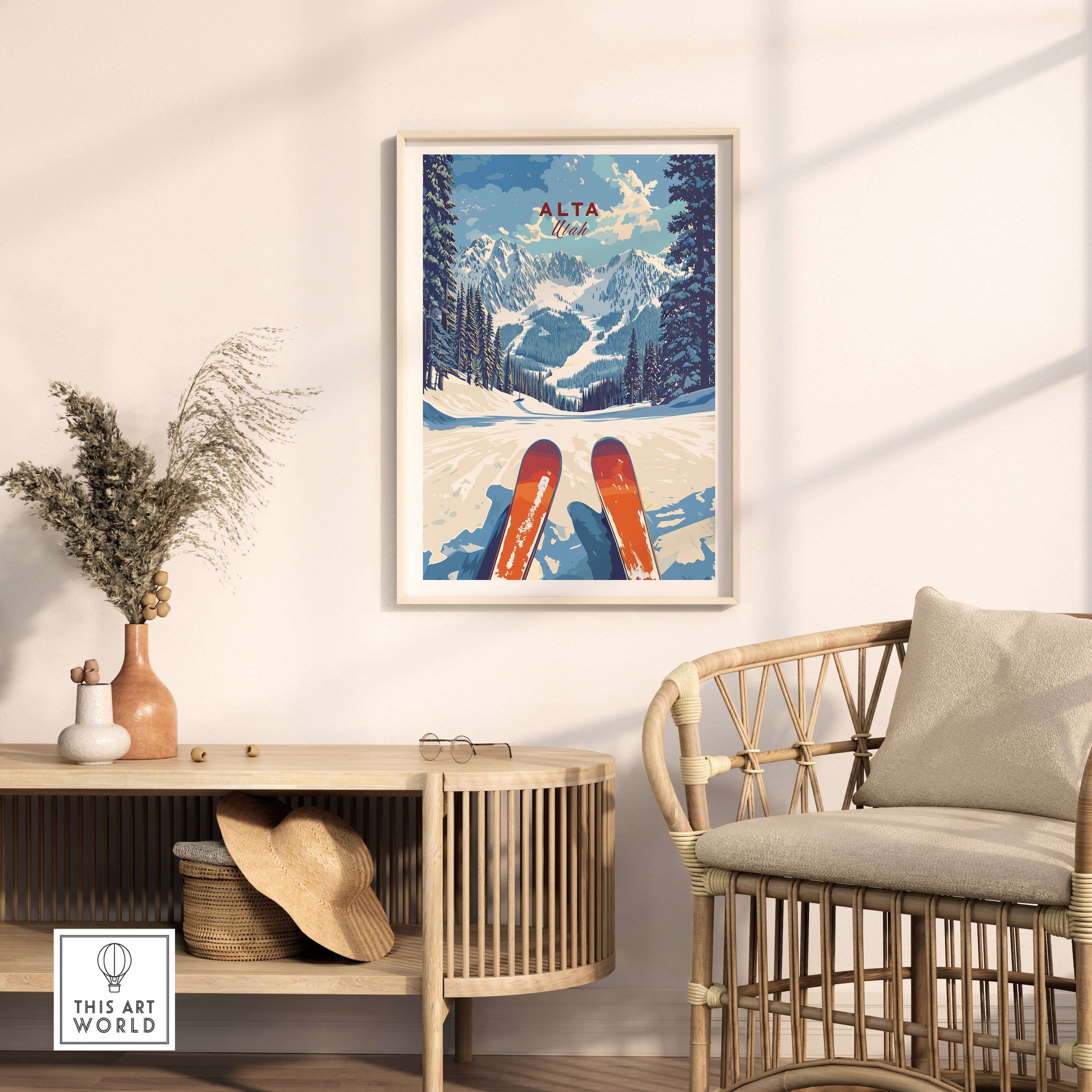 Alta Utah ski view wall art print featuring red skis and snowy mountains in a stylish room setting.
