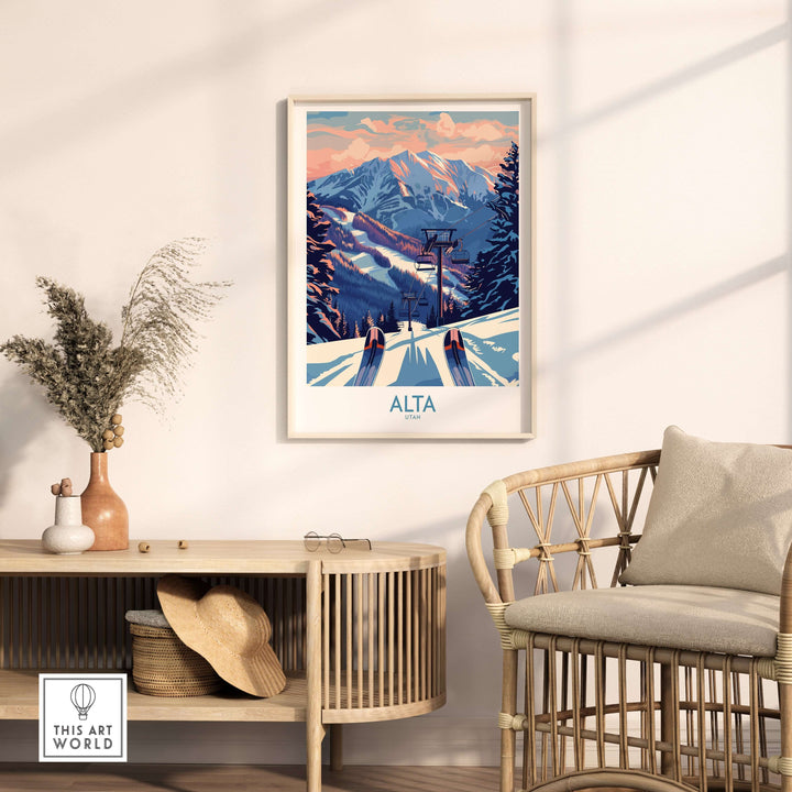 Alta Utah ski print featuring snowy mountains and skiers, perfect for winter sports decor.