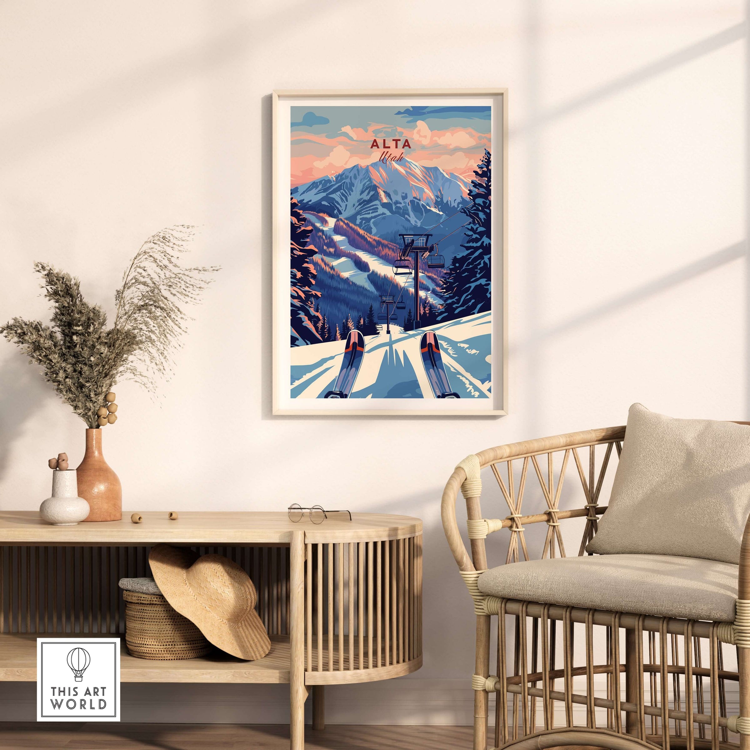 Alta Utah ski lift poster featuring dramatic sunset over snowy mountains, ideal wall art for cozy spaces.
