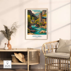 Andorra Art Print | Pyrenees Mountain Travel Poster displayed in a cozy living room setting.