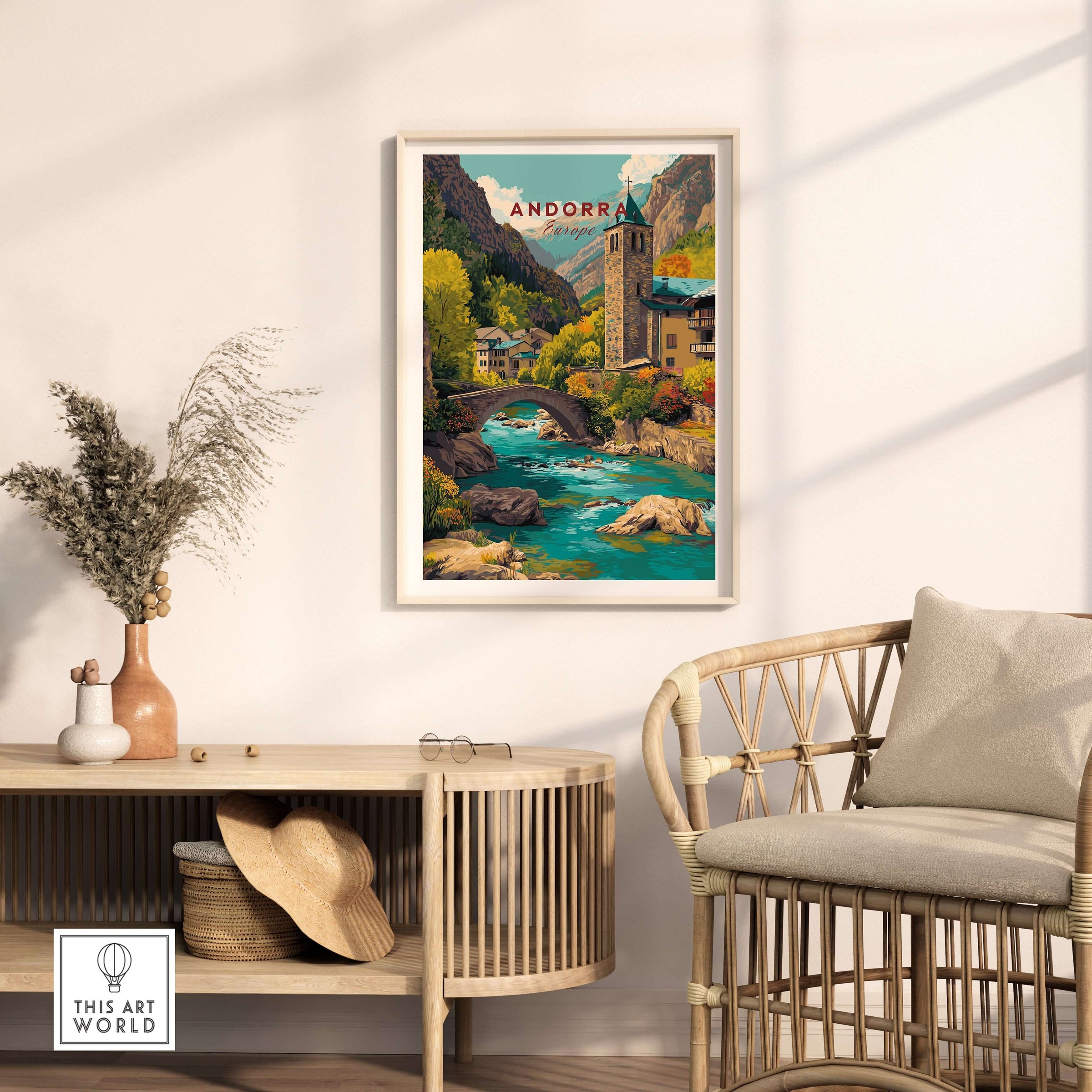 Andorra Valira River Valley Village Print | European Mountain Wall Decor in a stylish living room setting.