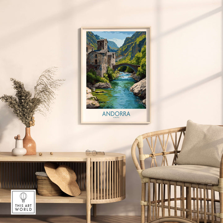 Andorra Old Town River Bridge Art Print | Pyrenees Architecture Poster displayed in a modern living room setting.