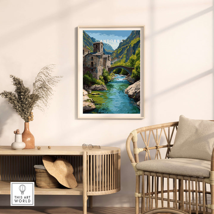 Andorra Poster | European Mountain Valley Decor featuring a serene river scene with a bridge and mountains.