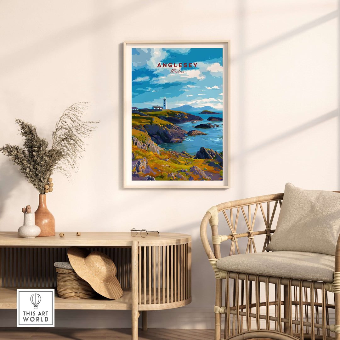 Anglesey Wales poster featuring a rocky coast and lighthouse, perfect for coastal wall art decor.