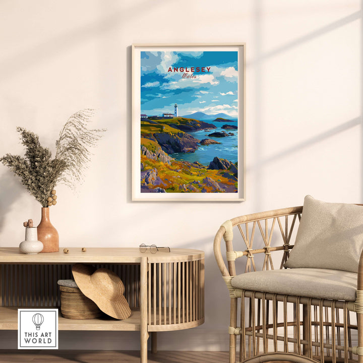 Anglesey Wales poster featuring a rocky coast and lighthouse, perfect for coastal wall art decor.
