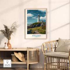 Anglesey Wales Scenic Seascape Poster - Welsh Lighthouse Decor displayed in a modern living room setting.