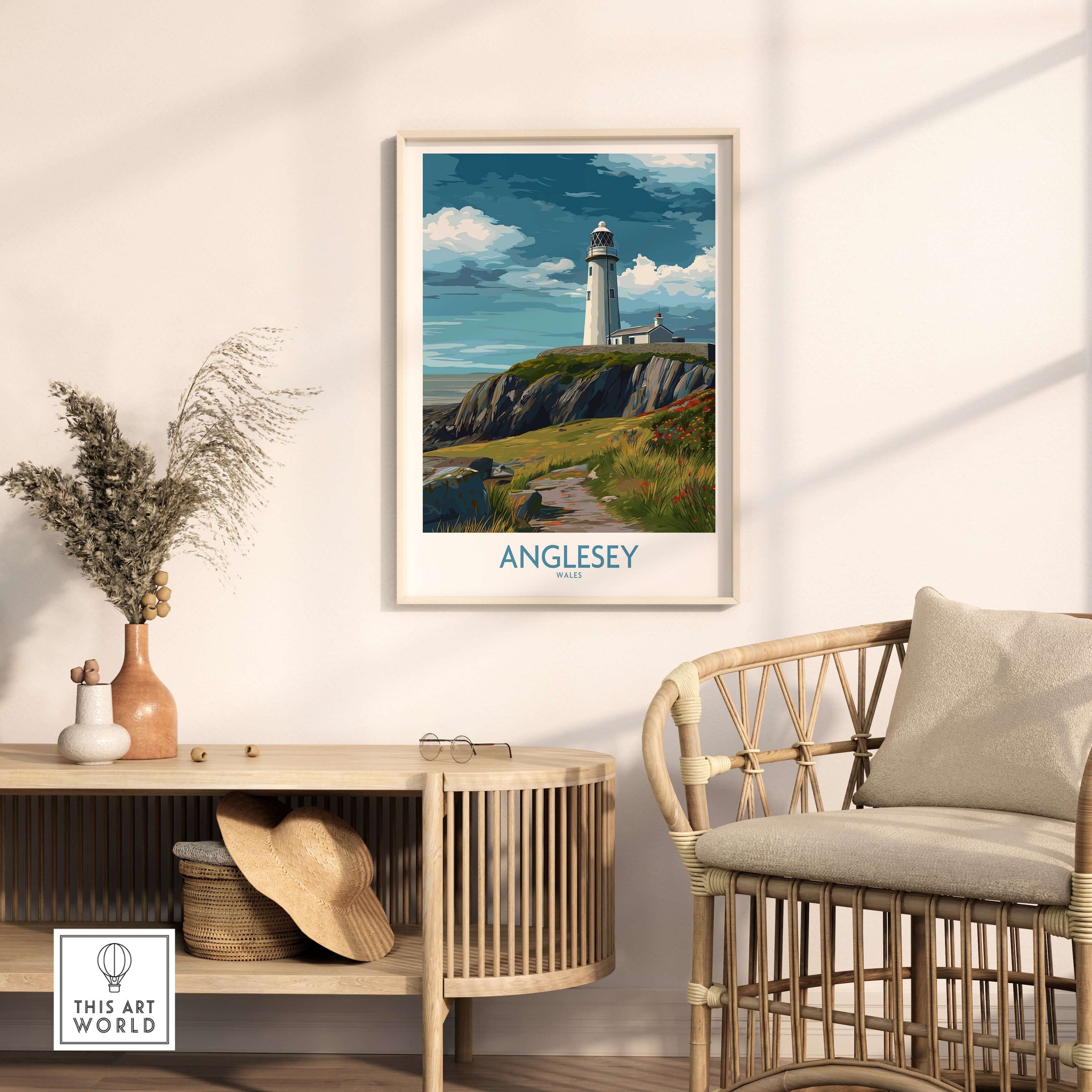 Anglesey Wales Scenic Seascape Poster - Welsh Lighthouse Decor displayed in a modern living room setting.