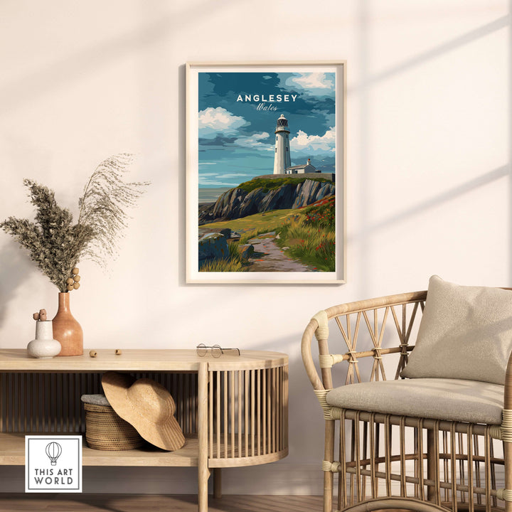 Anglesey lighthouse print on cliffs, framed art in coastal-themed interior, inspiring adventure and tranquility.