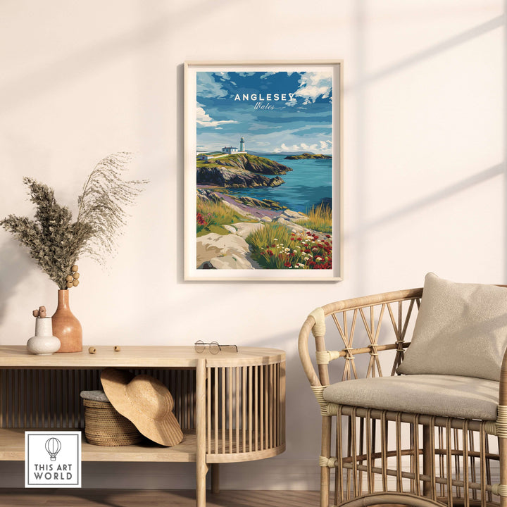 Anglesey Wales wildflowers lighthouse poster displayed in a bright room with coastal decor.