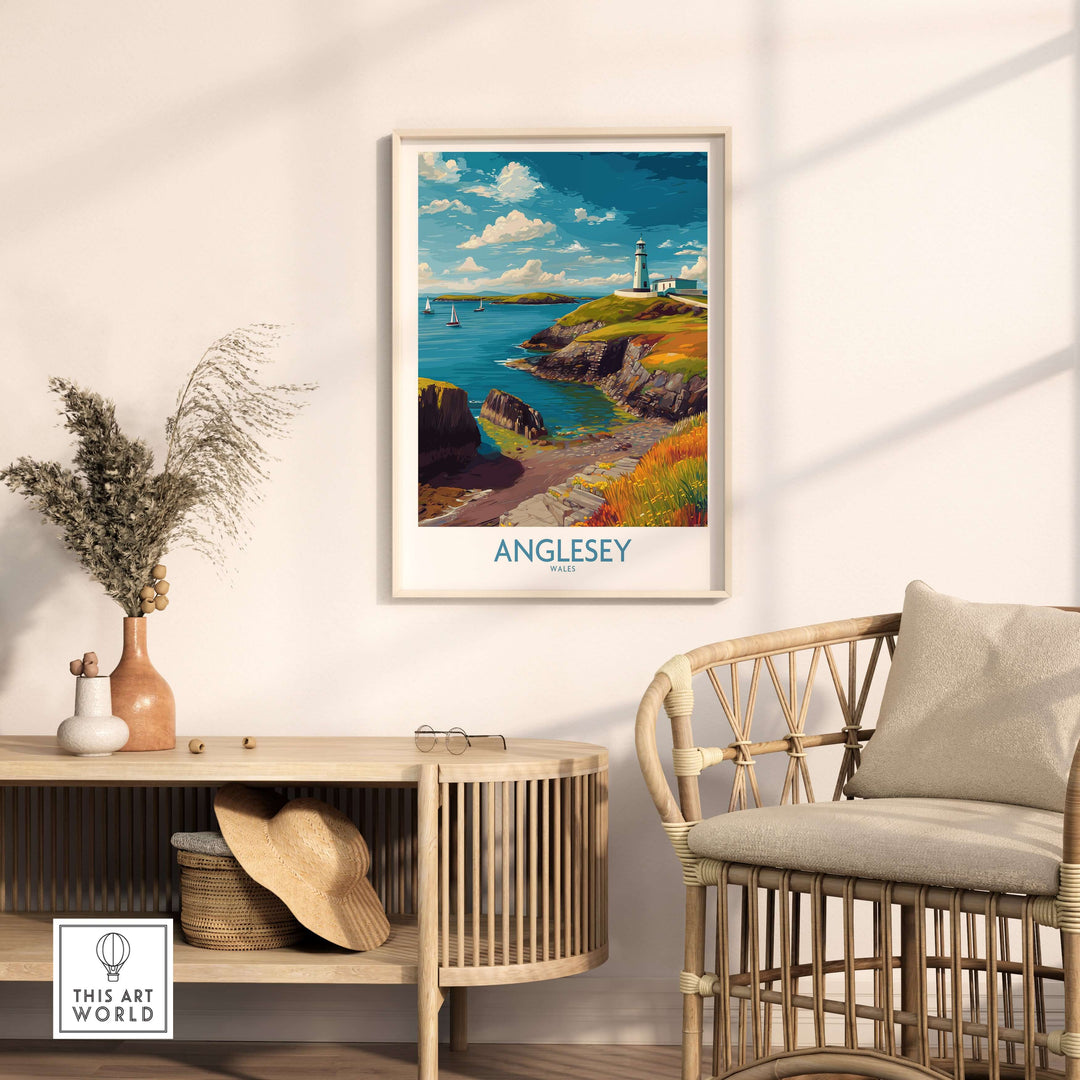 Anglesey Wales ocean view travel poster displayed in a modern room with coastal decor and furnishings.